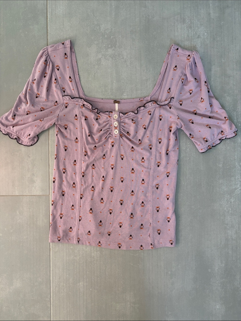 Free People Lavender Floral Square-Neck Puff Sleeve Crop Top